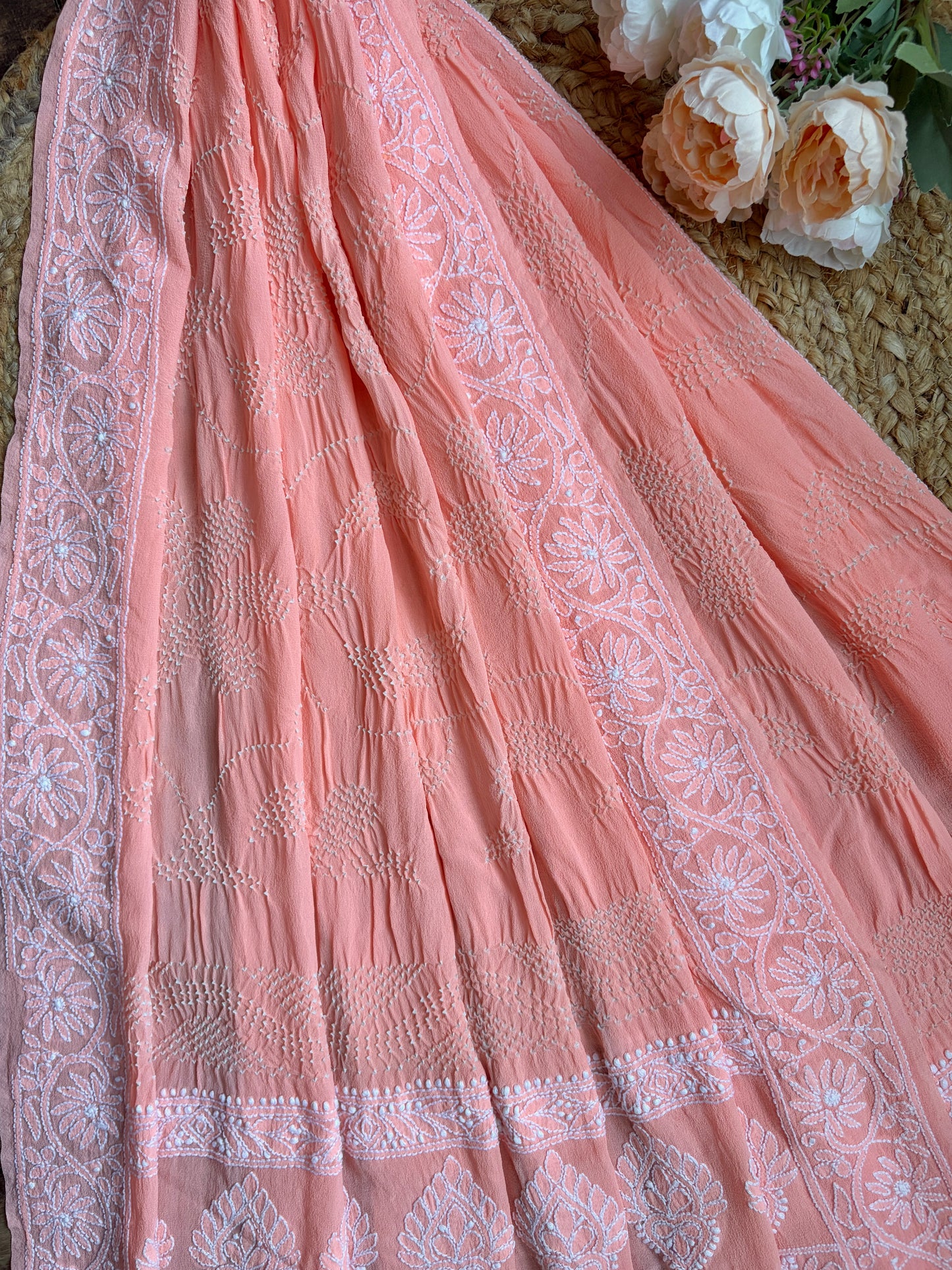 Georgette Lucknowi Baby Pink Bandhej Dupatta