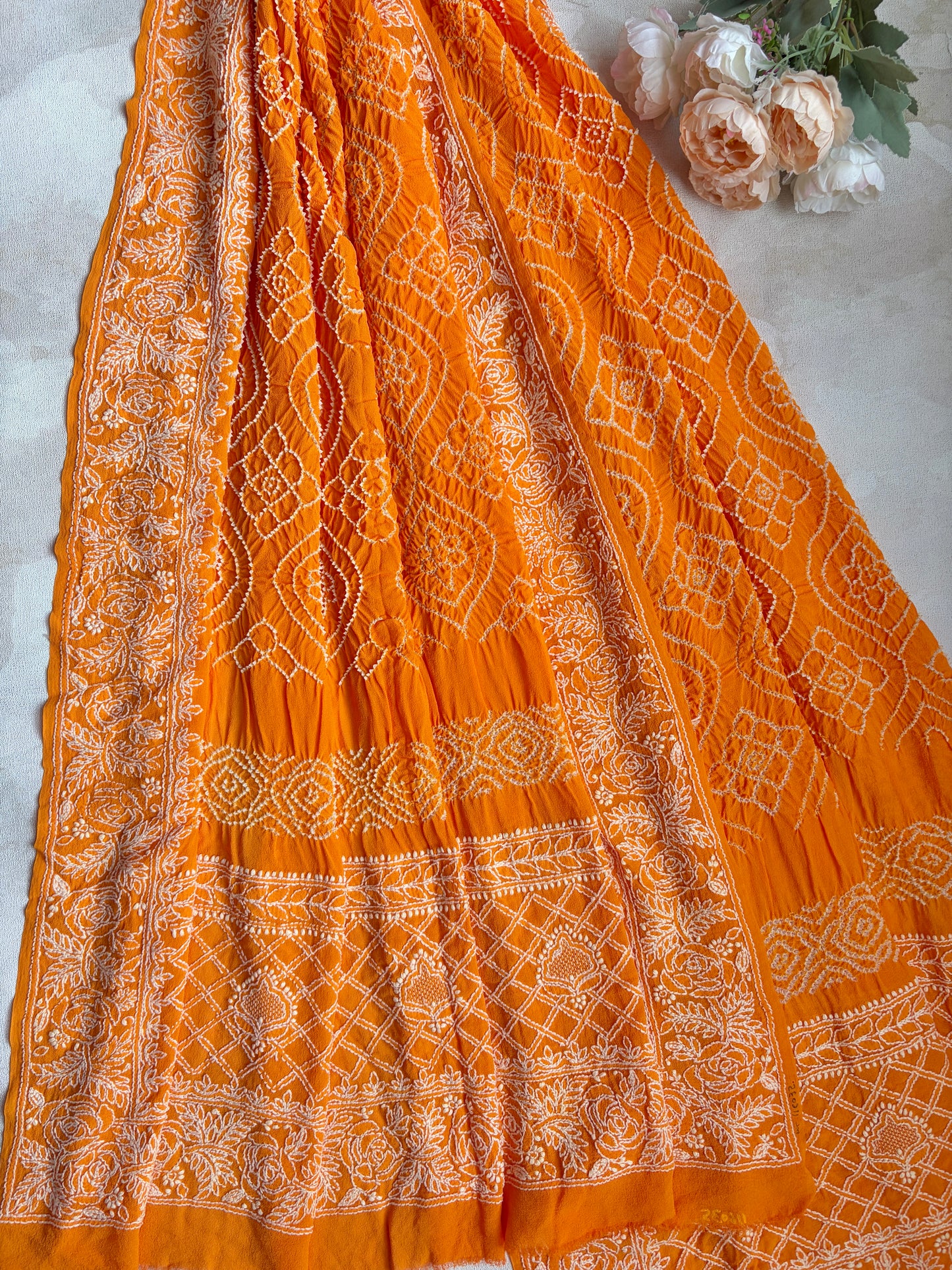Georgette Lucknowi Orange Bandhej Dupatta
