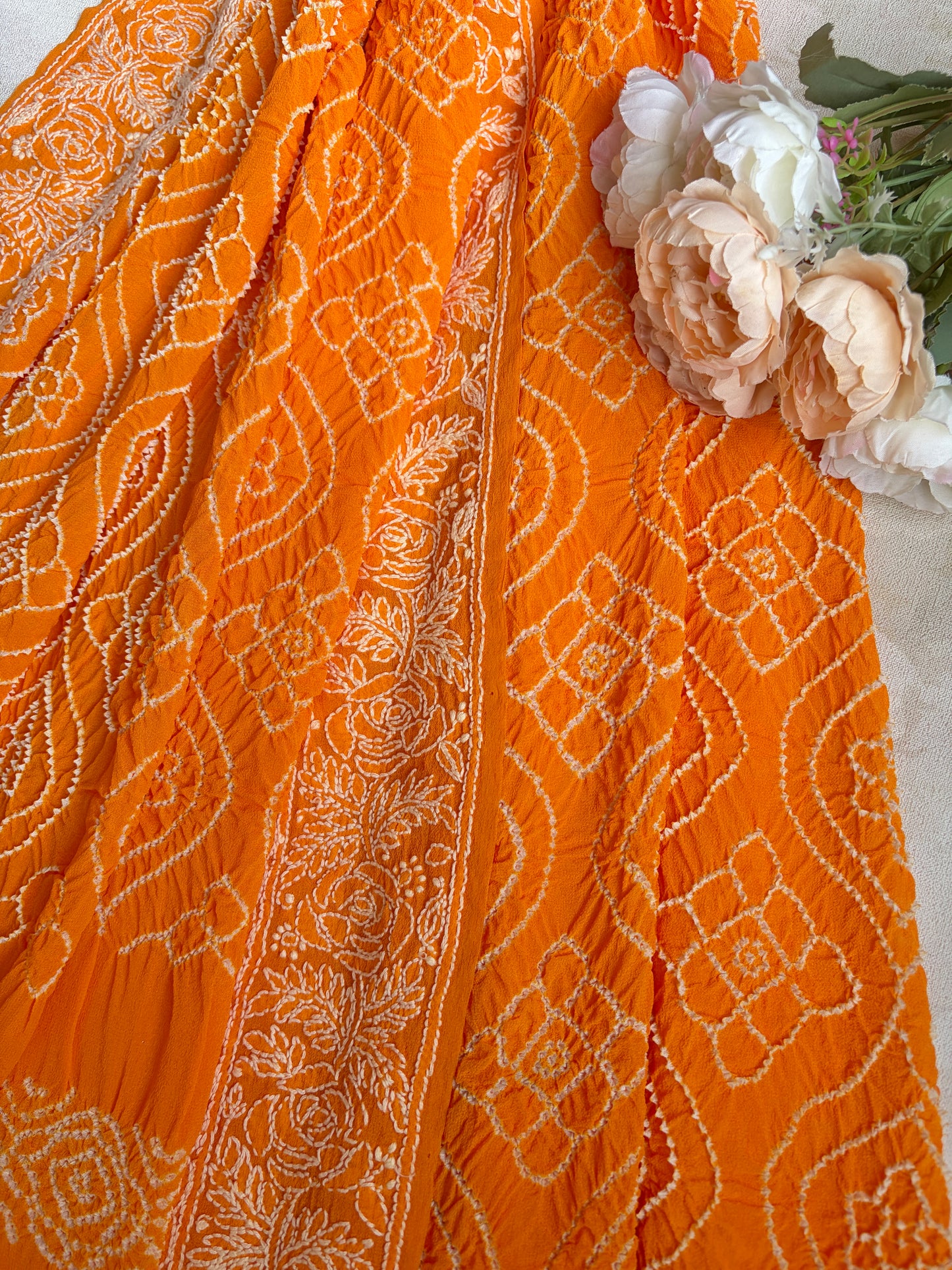 Georgette Lucknowi Orange Bandhej Dupatta