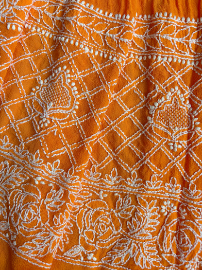 Georgette Lucknowi Orange Bandhej Dupatta