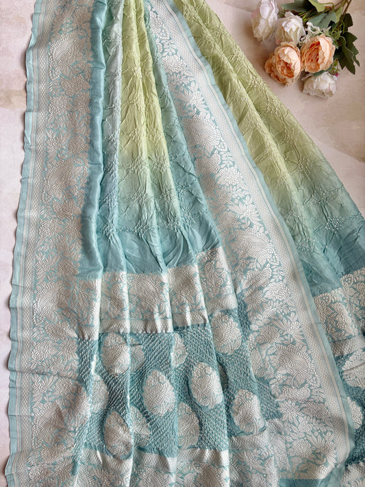 Katan Parsi Mint Green Sky Blue Bandhej Dupatta