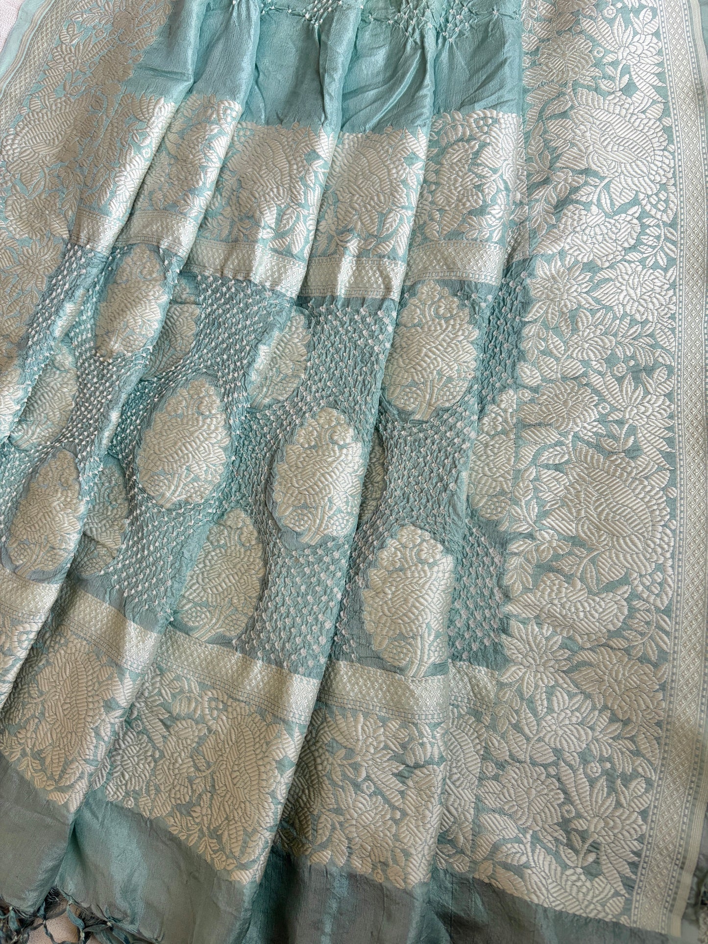 Katan Parsi Mint Green Sky Blue Bandhej Dupatta