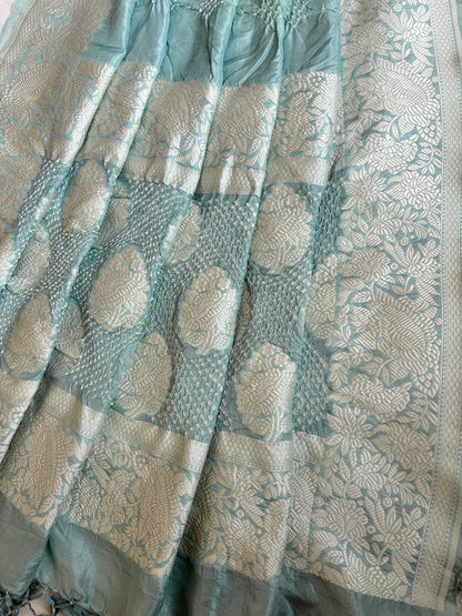 Katan Parsi Mint Green Sky Blue Bandhej Dupatta