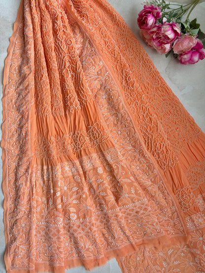 Georgette Peach Lucknowi Bandhej Dupatta
