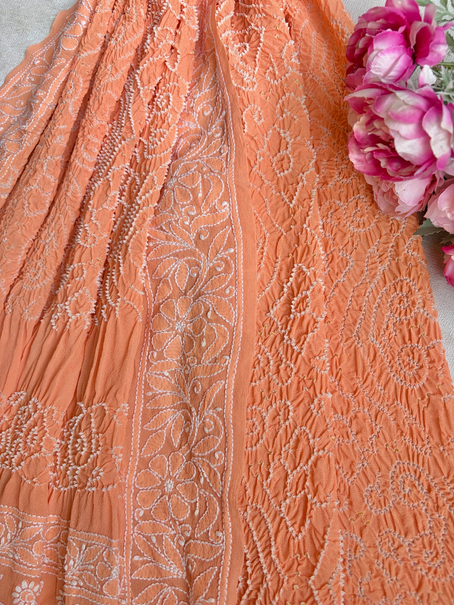 Georgette Peach Lucknowi Bandhej Dupatta