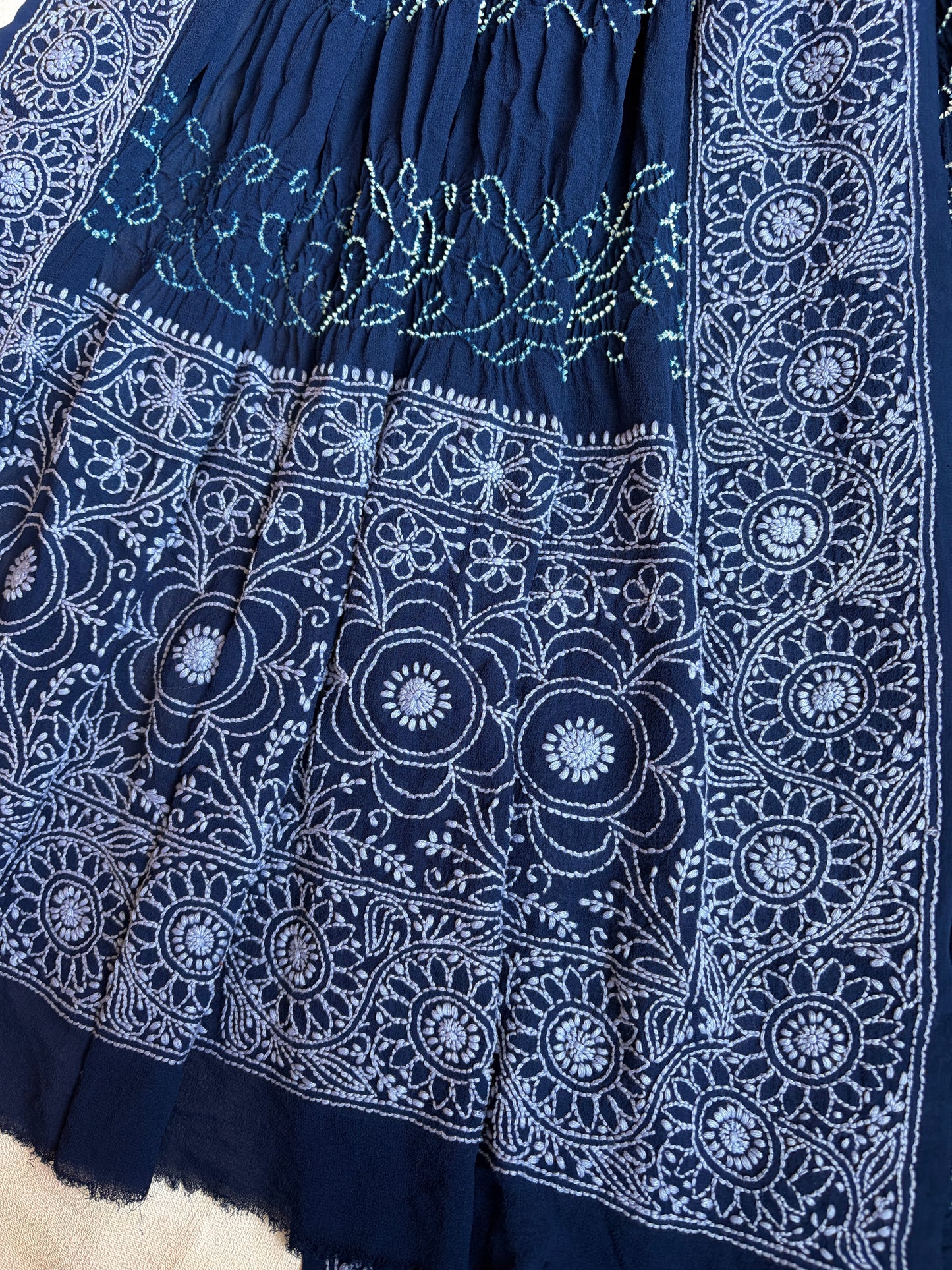 Georgette Royal Blue Lucknowi Bandhej Dupatta