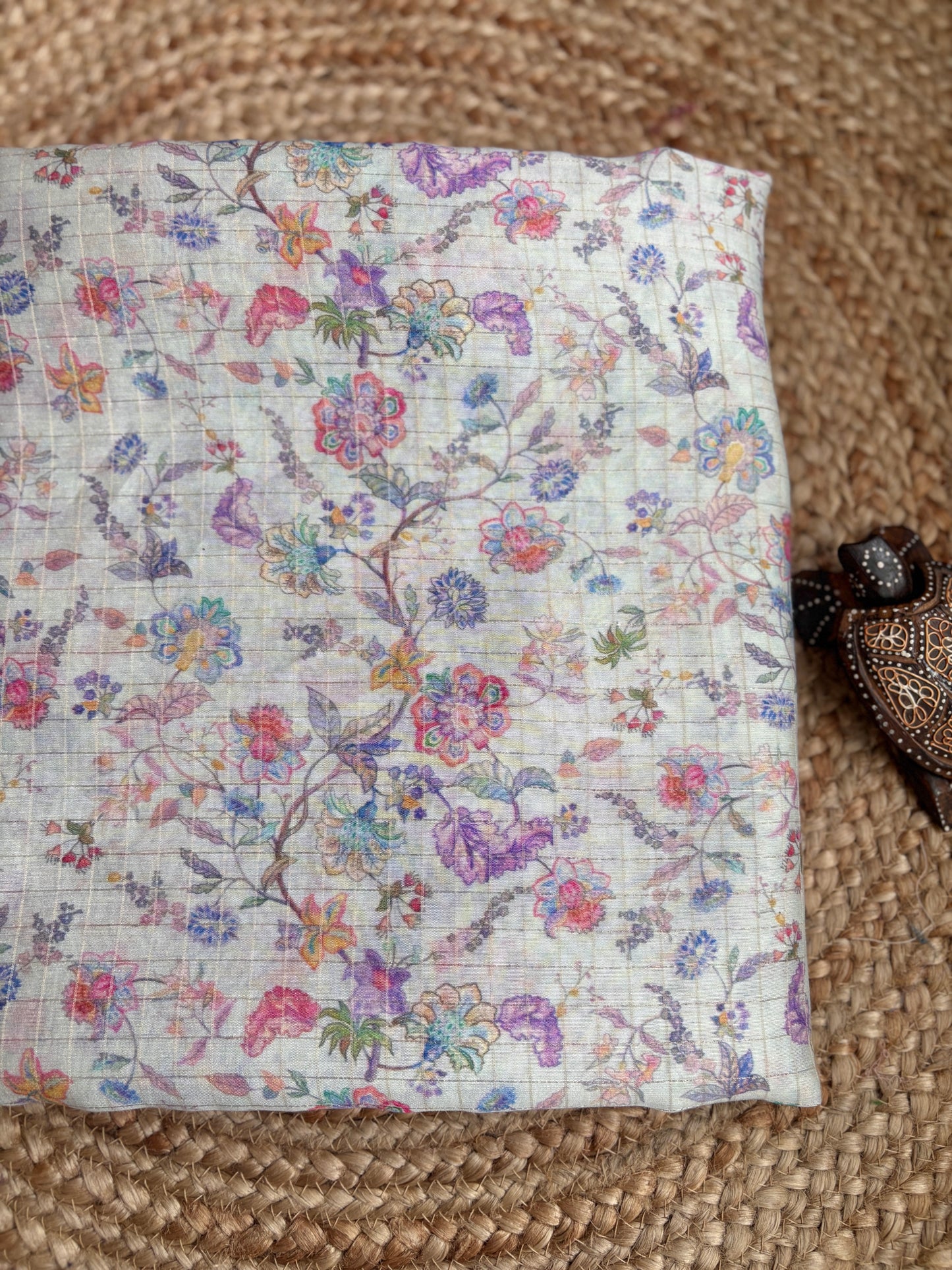 Cotton Silk Floral White Checks Fabric
