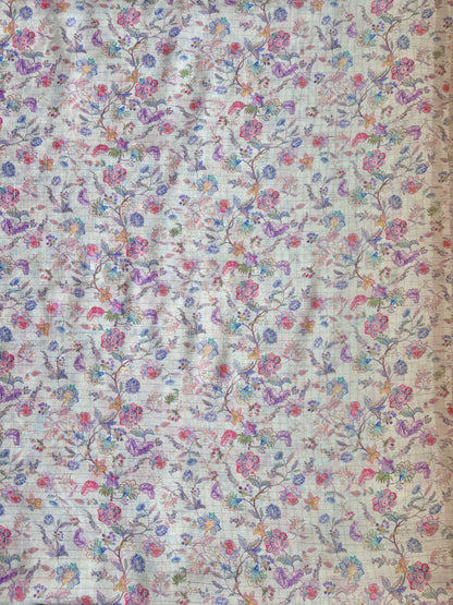 Cotton Silk Floral White Checks Fabric