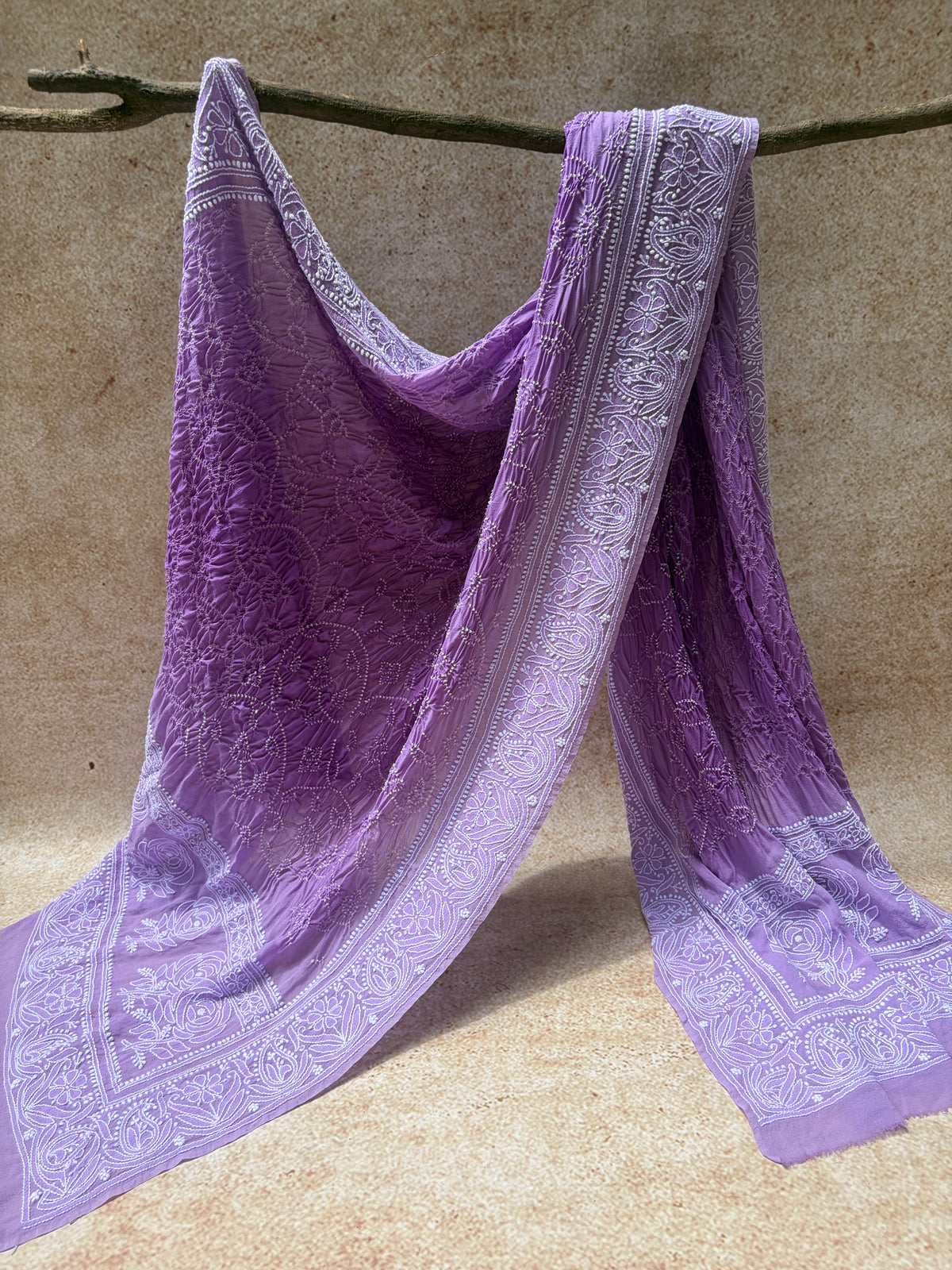 Georgette Lucknowi Ombre Purple Bandhej Dupatta
