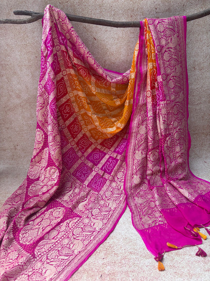 Georgette Gharchola Ombre Orange-Pink Bandhej Dupatta
