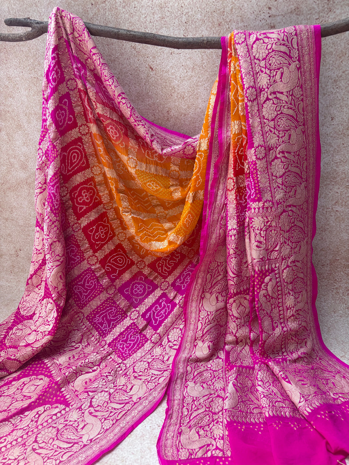 Georgette Gharchola Ombre Orange-Pink Bandhej Dupatta