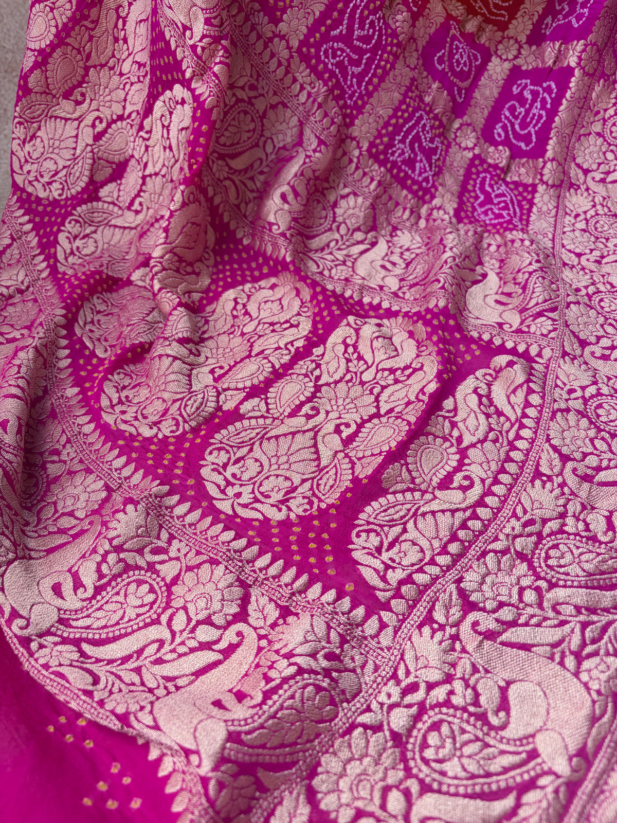 Georgette Gharchola Ombre Orange-Pink Bandhej Dupatta