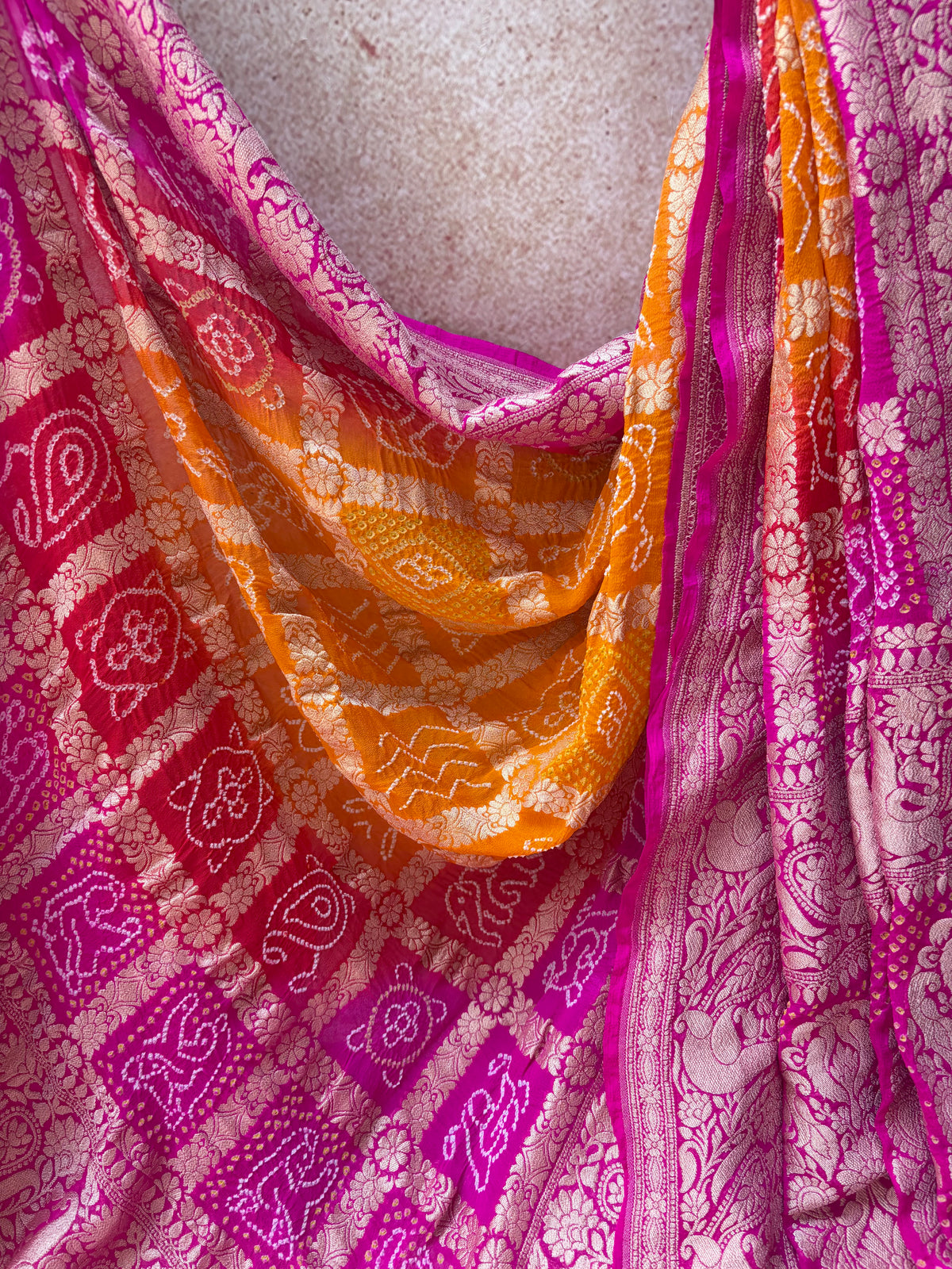 Georgette Gharchola Ombre Orange-Pink Bandhej Dupatta