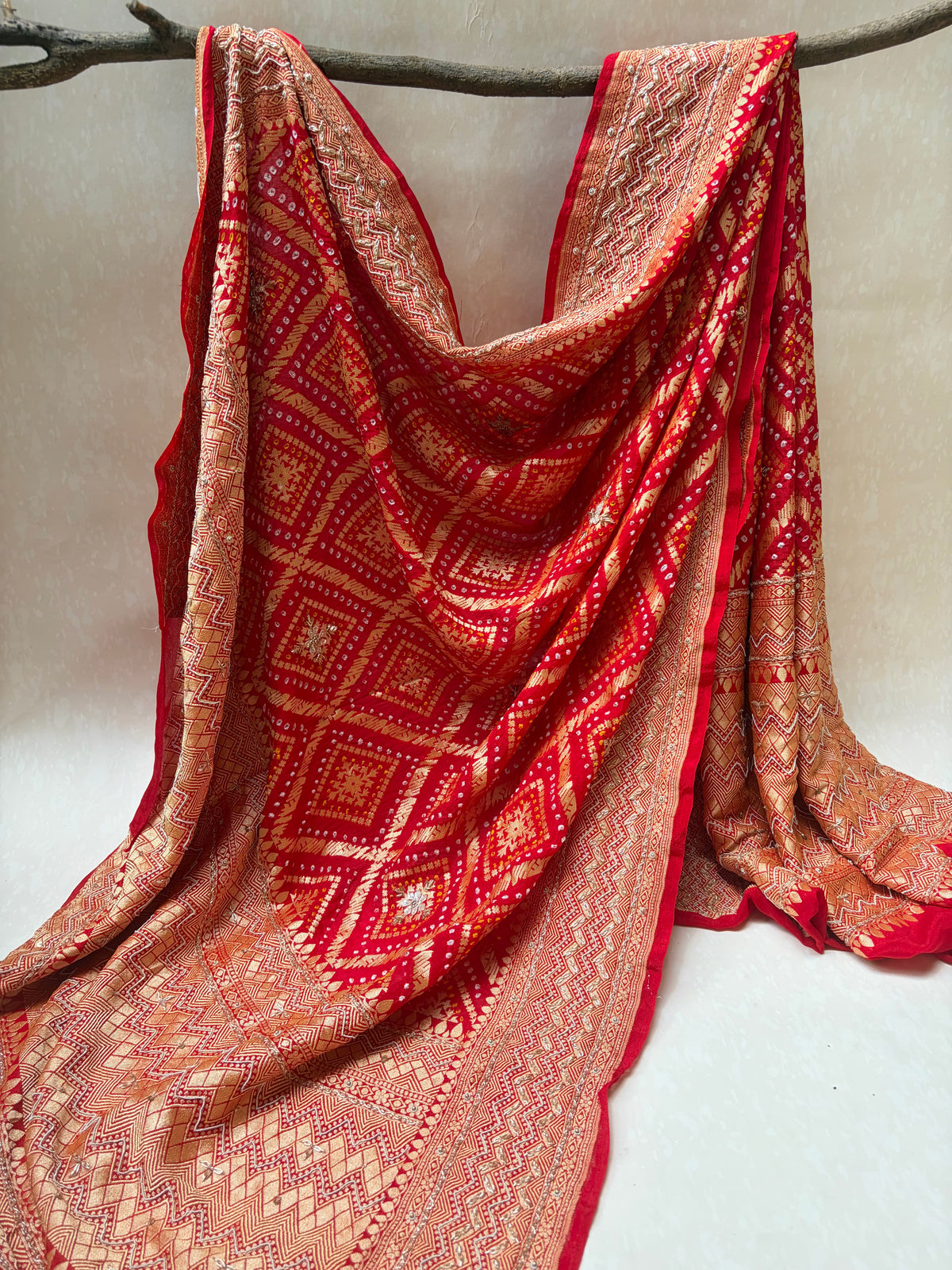 Georgette Rai Dana Red Embroidered Bandhej Dupatta