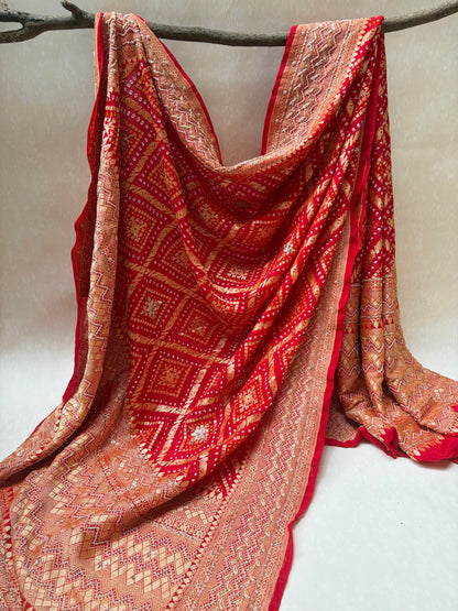 Georgette Rai Dana Red Embroidered Bandhej Dupatta