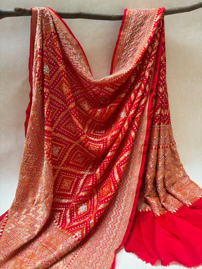 Georgette Rai Dana Red Embroidered Bandhej Dupatta