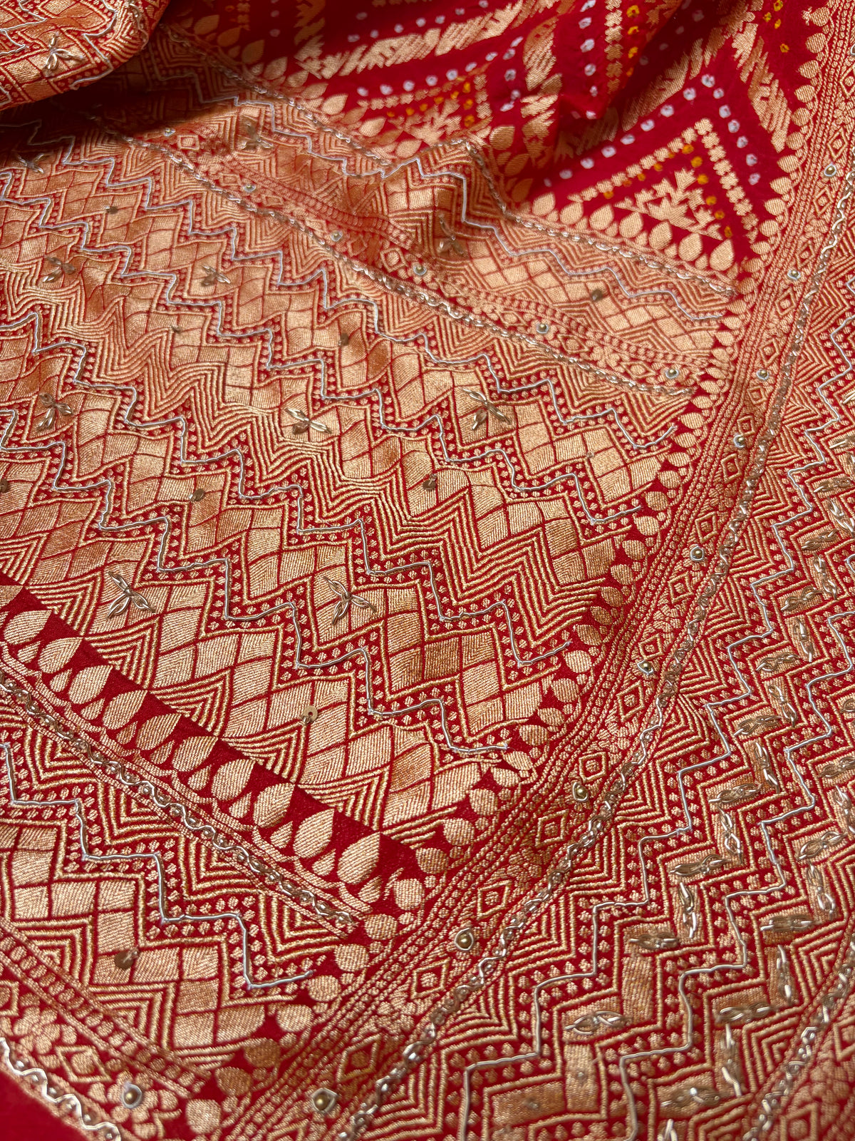 Georgette Rai Dana Red Embroidered Bandhej Dupatta