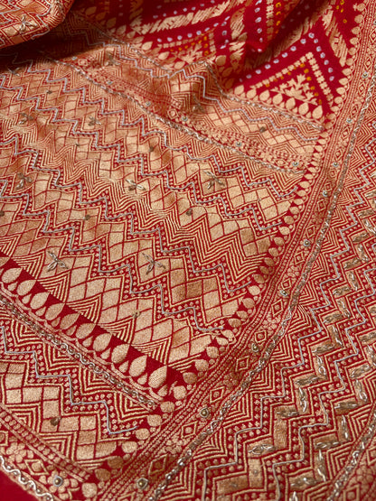 Georgette Rai Dana Red Embroidered Bandhej Dupatta