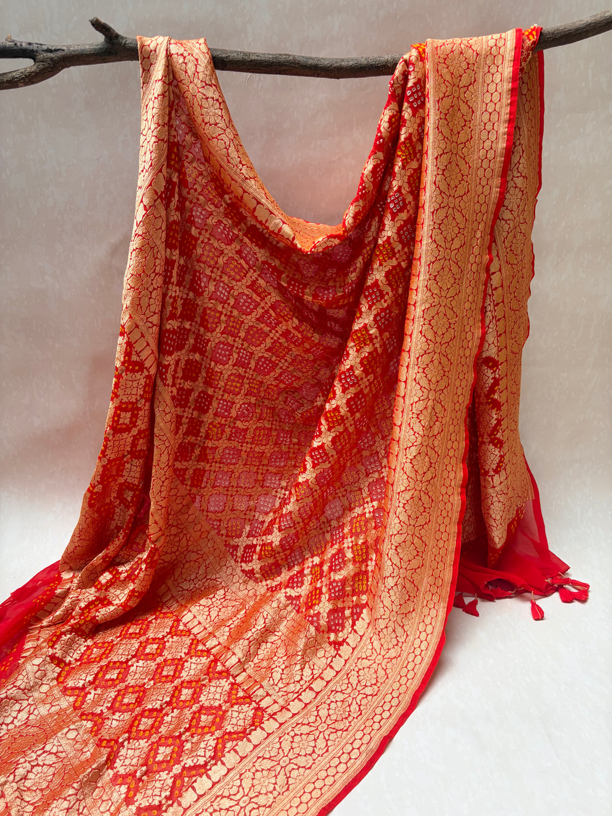 Georgette Jaal Weaving Bandhej Orange Dupatta