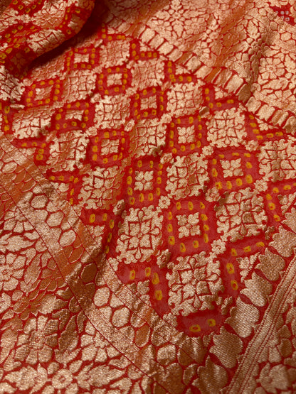 Georgette Jaal Weaving Bandhej Orange Dupatta