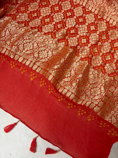 Georgette Jaal Weaving Bandhej Orange Dupatta