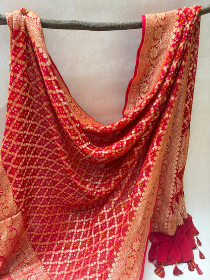 Georgette Checks Jaal Red Bandhej Dupatta