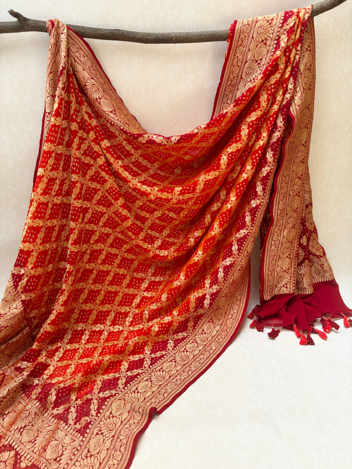 Georgette Checks Jaal Orange-Red Bandhej Dupatta