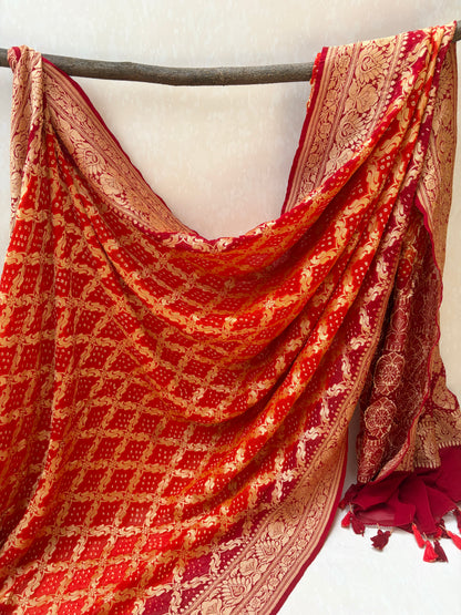 Georgette Checks Jaal Orange-Red Bandhej Dupatta