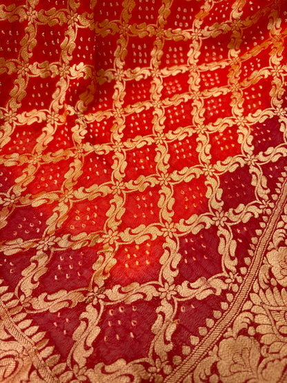 Georgette Checks Jaal Orange-Red Bandhej Dupatta