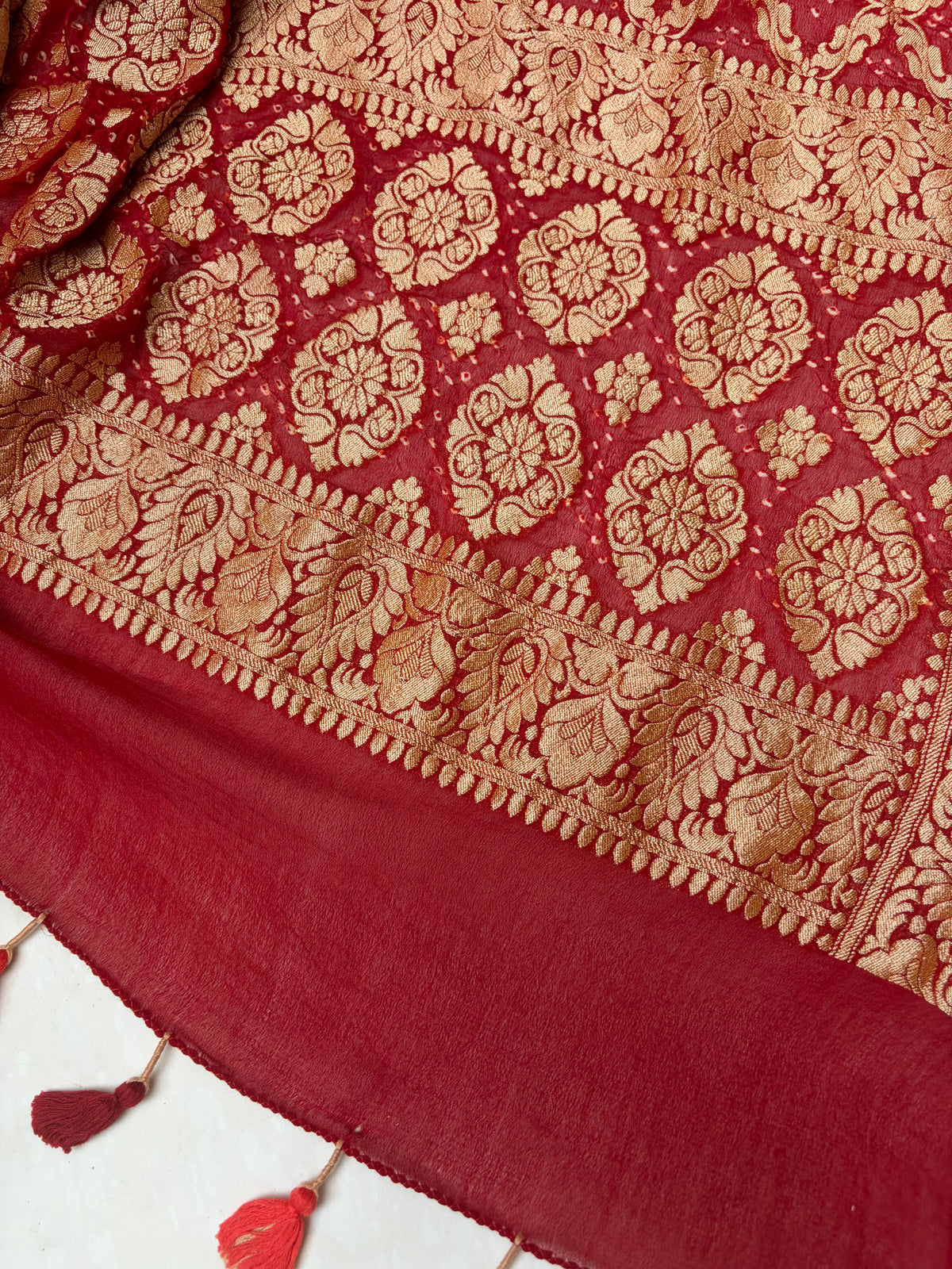 Georgette Checks Jaal Orange-Red Bandhej Dupatta