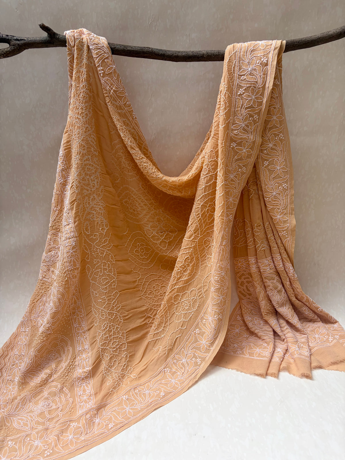 Georgette Lucknowi Bandhej Beige-Yellow Dupatta