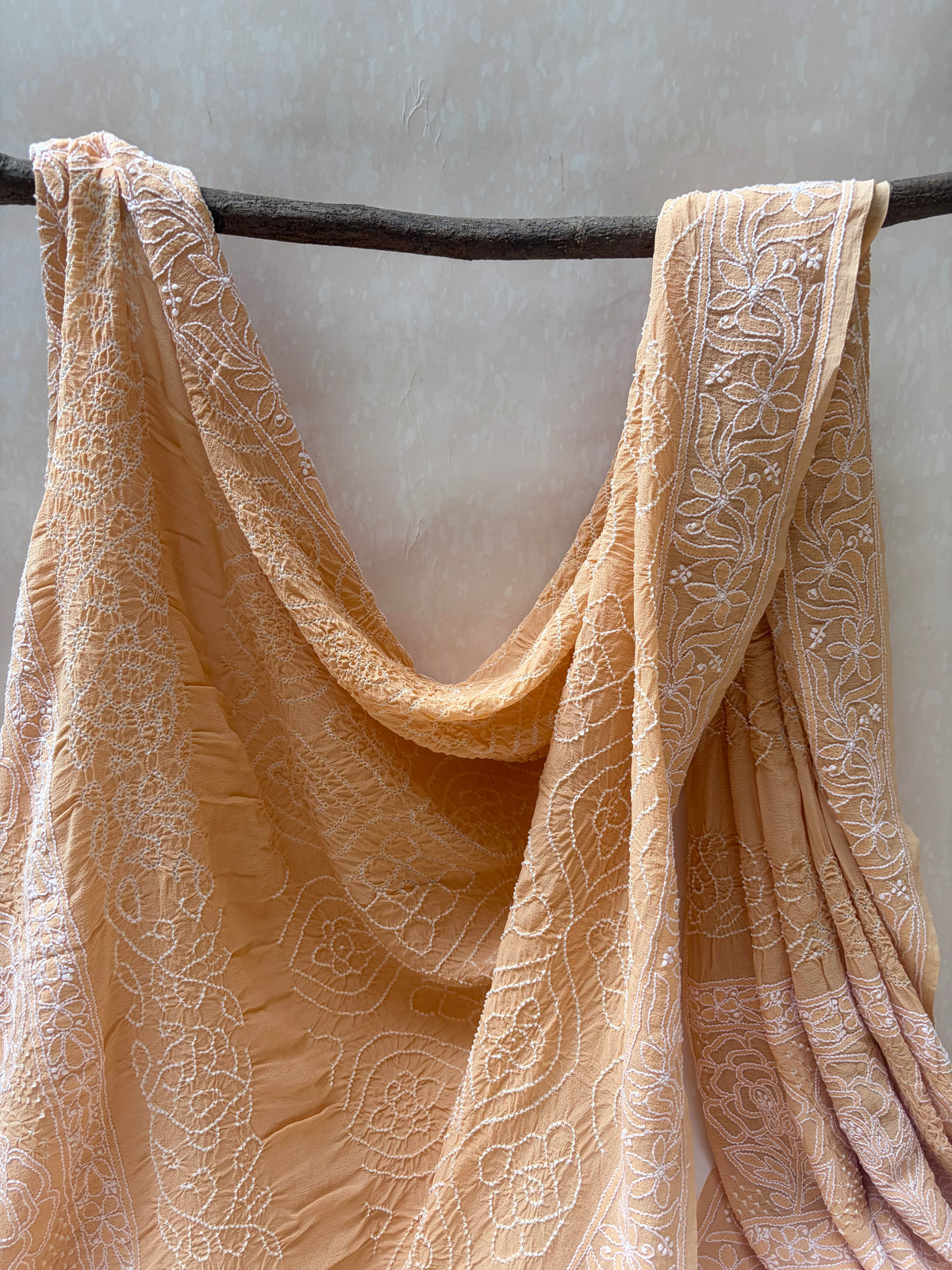 Georgette Lucknowi Bandhej Beige-Yellow Dupatta