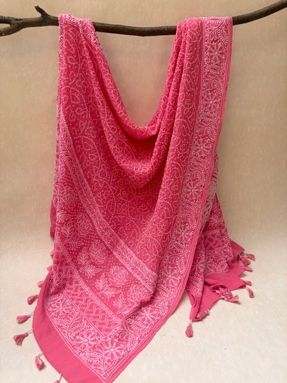 Georgette Lucknowi Pink Bandhej Dupatta
