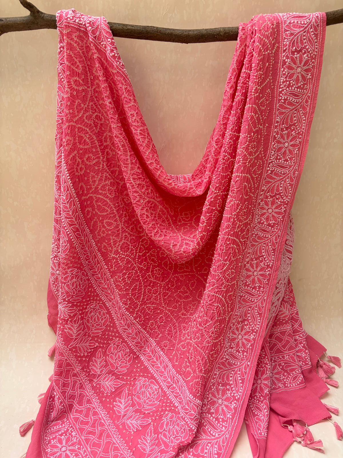 Georgette Lucknowi Pink Bandhej Dupatta