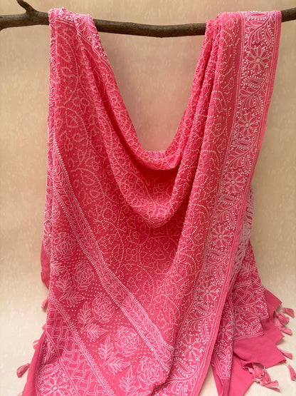 Georgette Lucknowi Pink Bandhej Dupatta