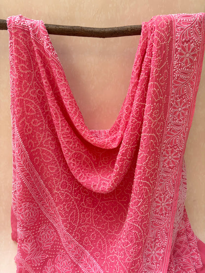 Georgette Lucknowi Pink Bandhej Dupatta