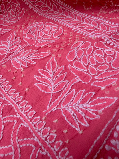 Georgette Lucknowi Pink Bandhej Dupatta