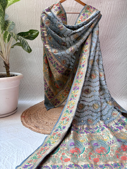Georgette Figure Weaving Meenakari Grey Ombre Bandhej Dupatta