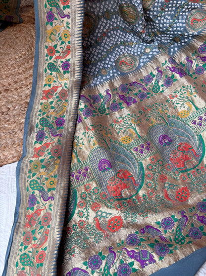 Georgette Figure Weaving Meenakari Grey Ombre Bandhej Dupatta
