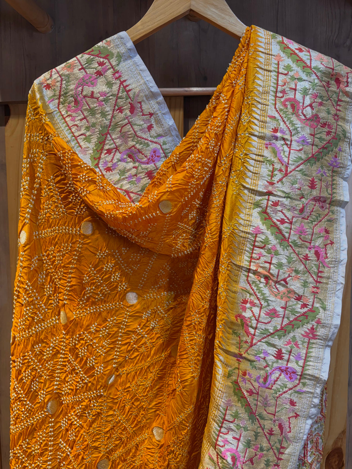Katan Paithani Meenakari Yellow-White Bandhej Dupatta