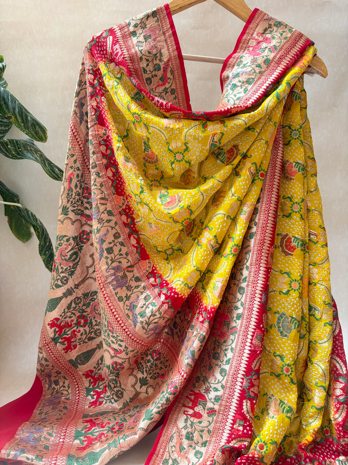 Georgette Paithani Figure Weaving Yellow-Red Bandhej Dupatta