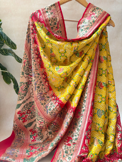 Georgette Paithani Figure Weaving Yellow-Red Bandhej Dupatta