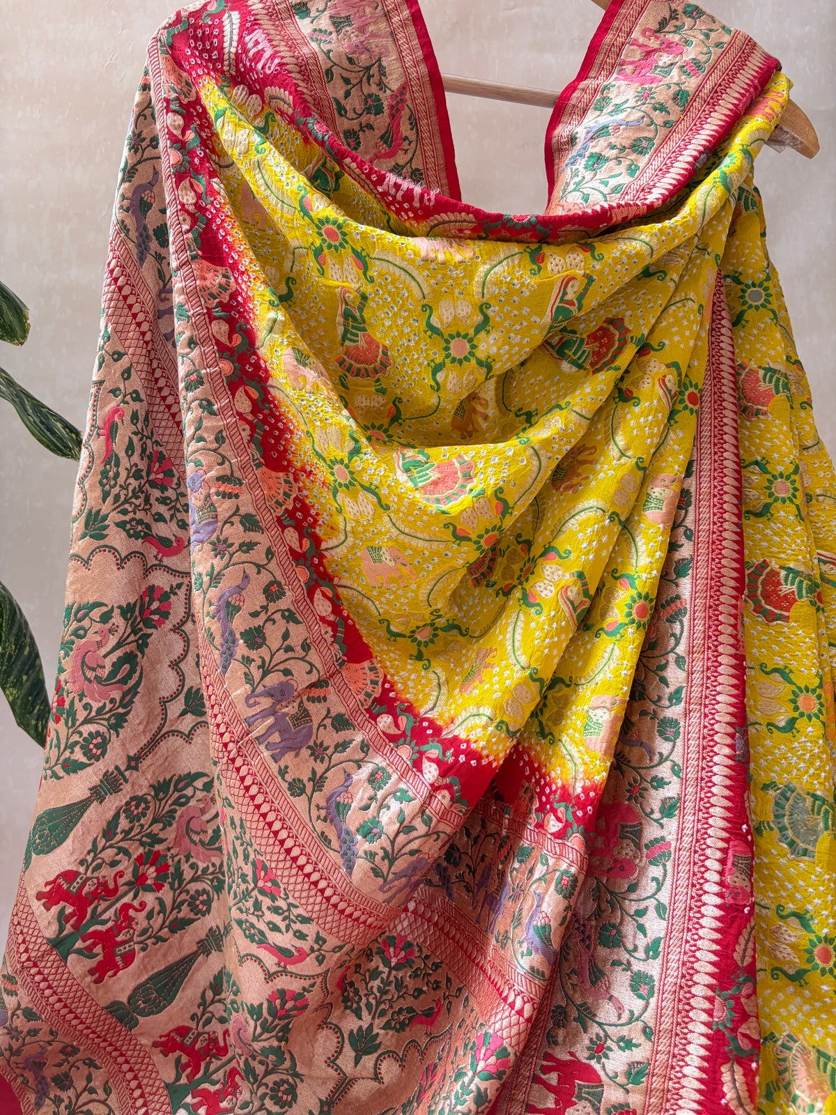 Georgette Paithani Figure Weaving Yellow-Red Bandhej Dupatta