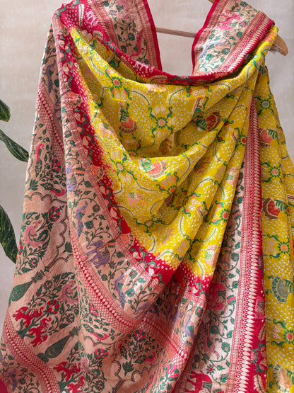 Georgette Paithani Figure Weaving Yellow-Red Bandhej Dupatta