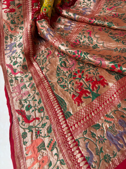 Georgette Paithani Figure Weaving Yellow-Red Bandhej Dupatta