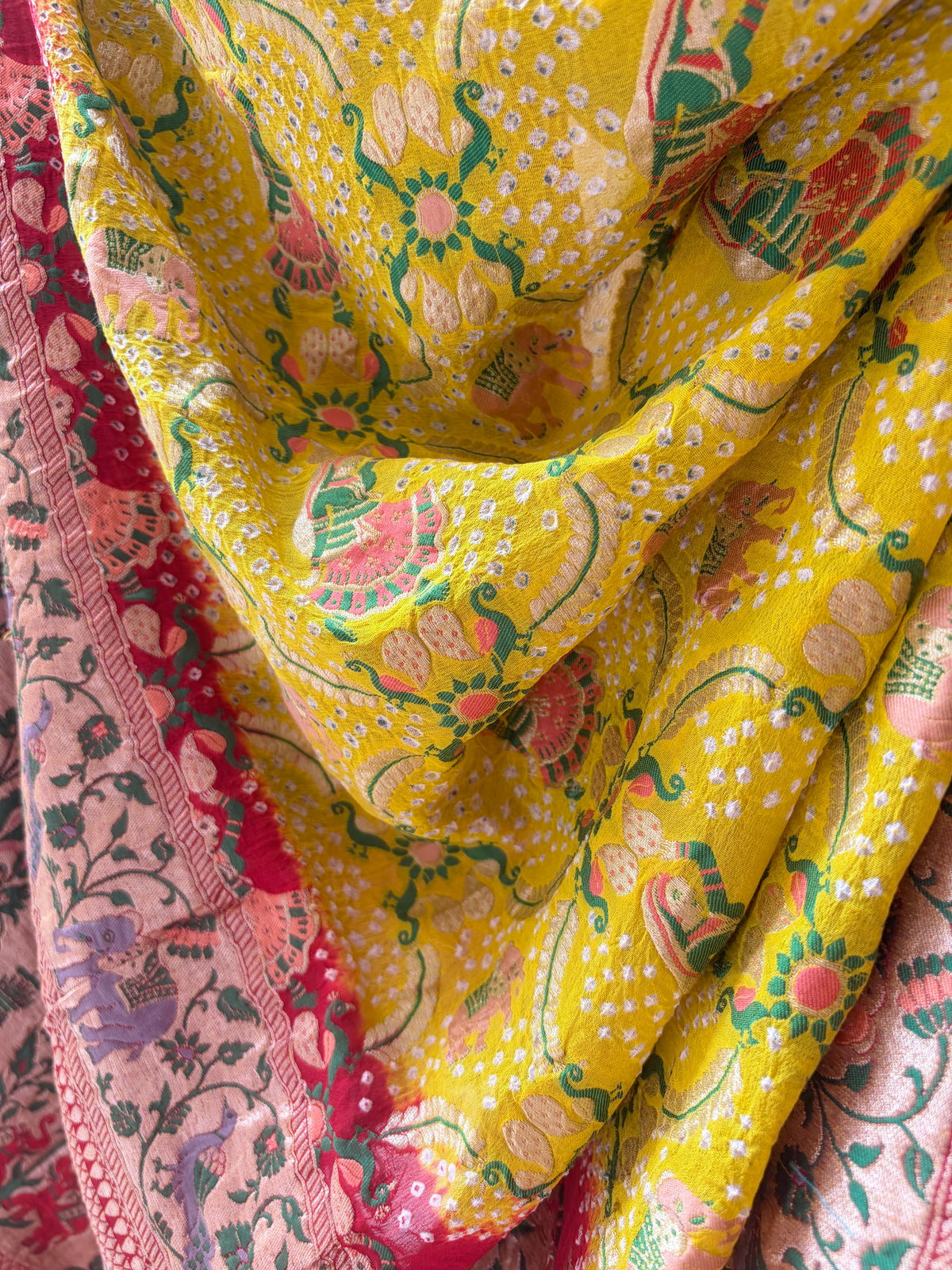 Georgette Paithani Figure Weaving Yellow-Red Bandhej Dupatta