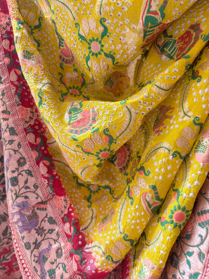 Georgette Paithani Figure Weaving Yellow-Red Bandhej Dupatta