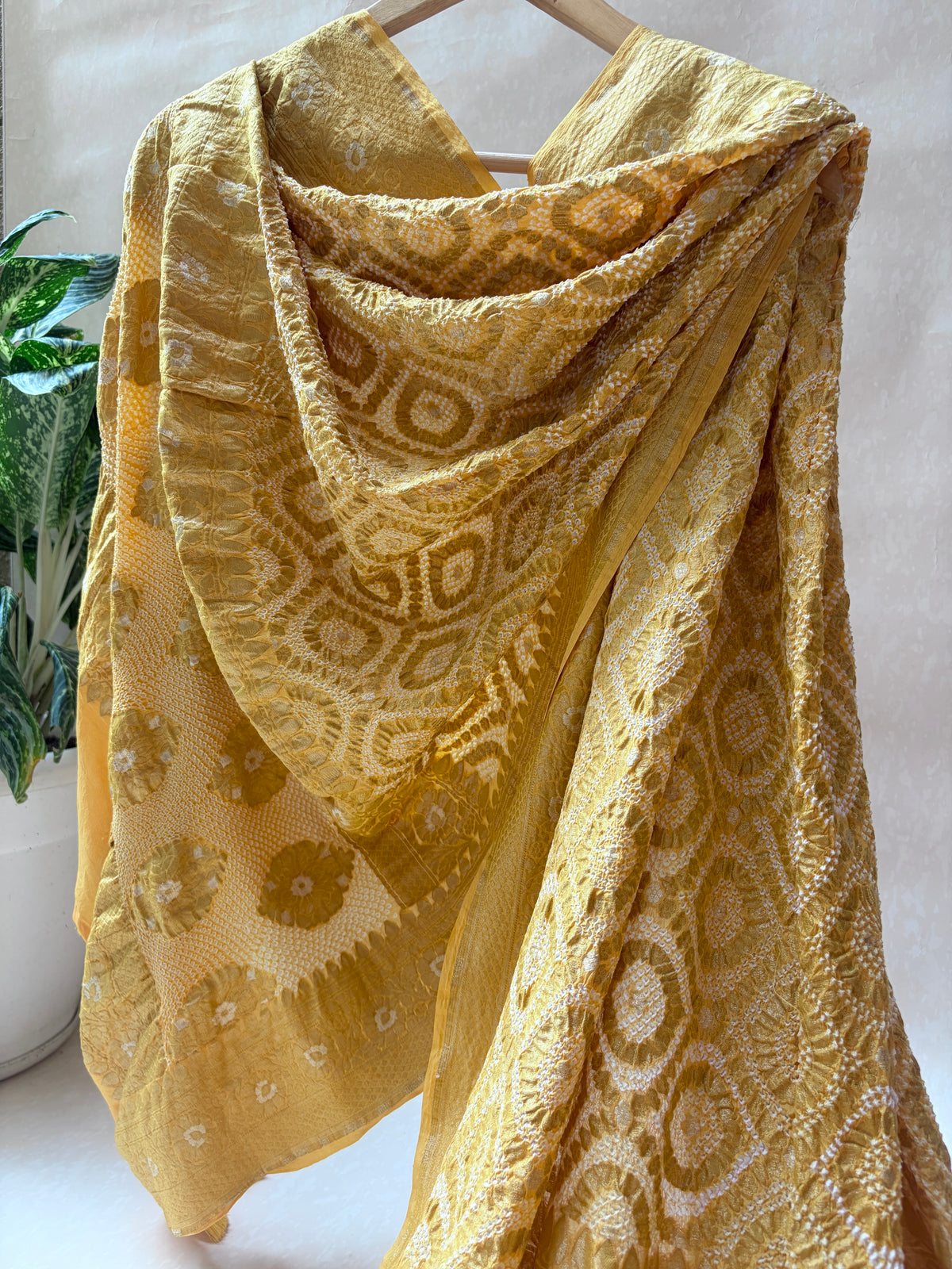Georgette Sona Rupa Jaal Yellow Bandhej Dupatta