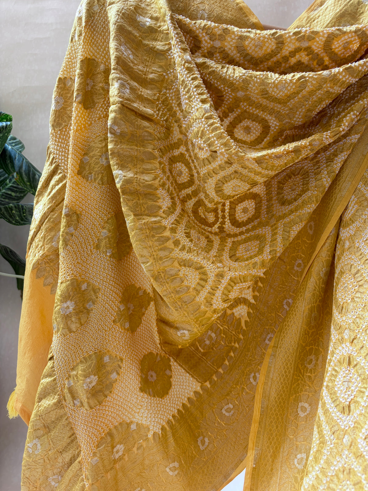 Georgette Sona Rupa Jaal Yellow Bandhej Dupatta