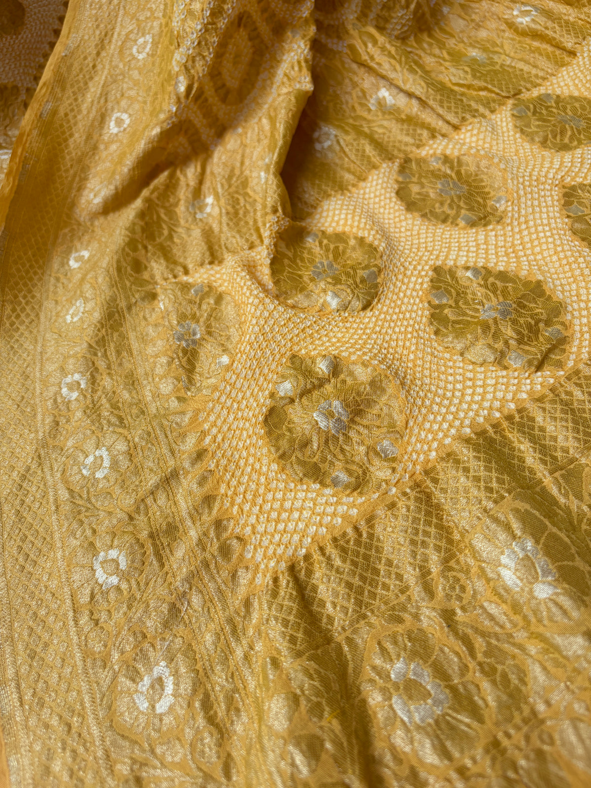 Georgette Sona Rupa Jaal Yellow Bandhej Dupatta